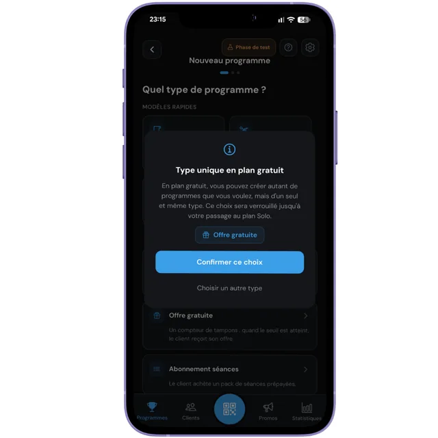 Avertissement affiché par Aster lors de la création d'un programme : sur le plan gratuit, le type de programme est verrouillé au premier programme créé.