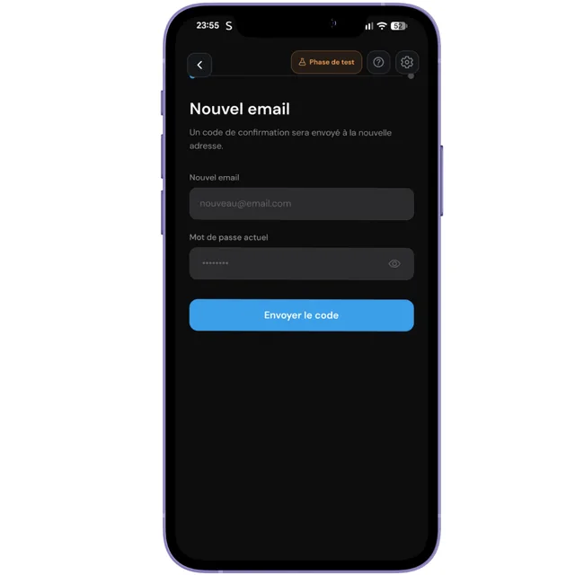 Écran de changement de l'adresse courriel dans Aster.