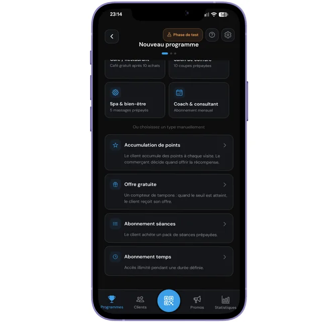 Liste complète des types de programmes disponibles dans Aster.