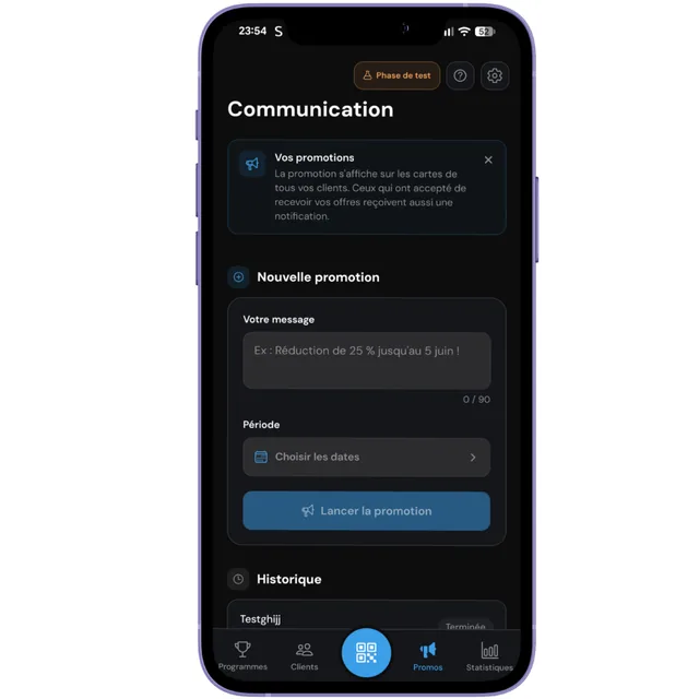 Écran Communication d'Aster : rédaction d'une nouvelle promotion, choix de la période et historique des promotions passées.