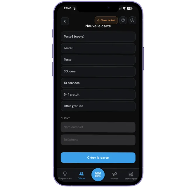 Formulaire de création manuelle d'une carte client dans Aster.