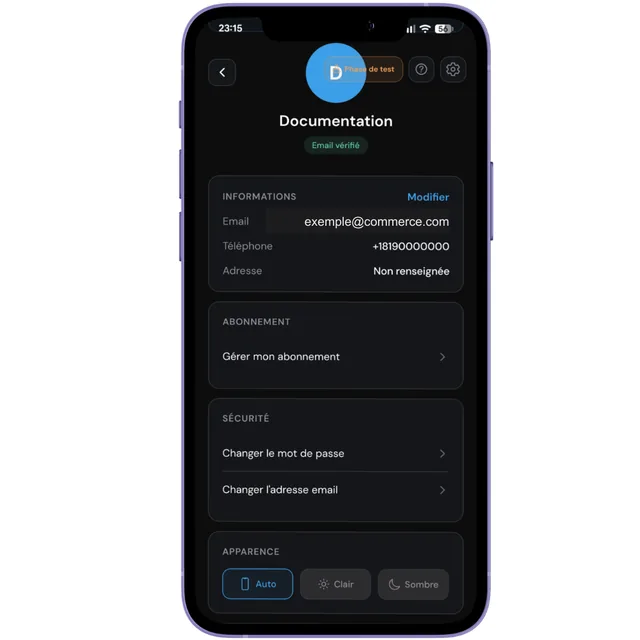 Écran Profil d'Aster : nom du commerce, mention Email vérifié, informations de contact, gestion de l'abonnement, sécurité et choix du thème.
